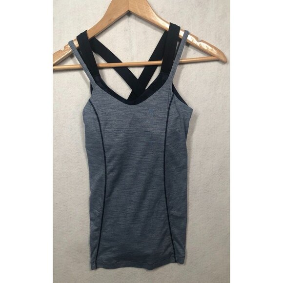 Lululemon Run For Gold Tank Top Built In Bra Heathered Blue Denim Navy Women's 2 - Picture 3 of 7
